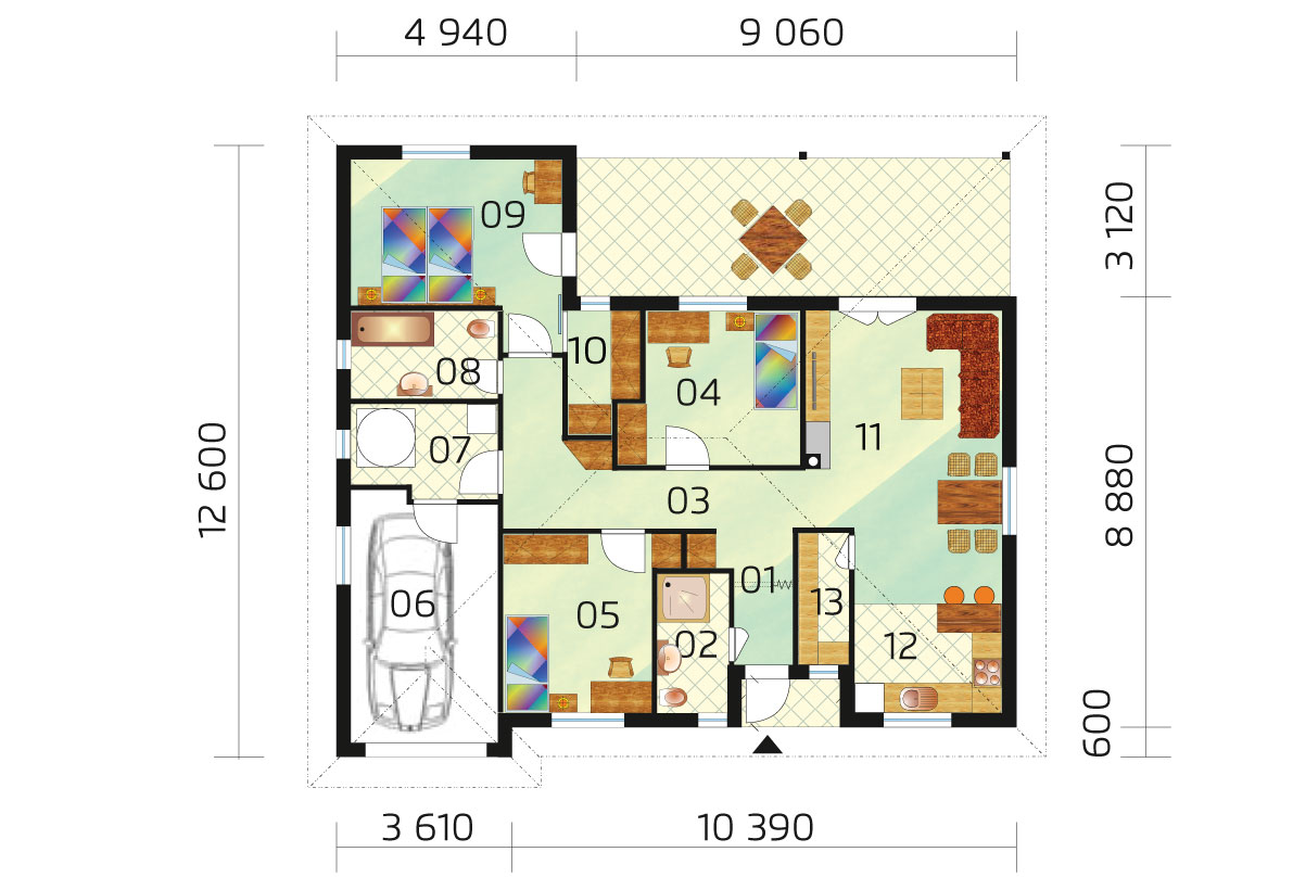 3spálňový nízkoenergetický rodinný dom č.28 Vám už pri zastavanej ploche 140m2 ponúka 3 spálne, technickú miestnosť, šatník, komoru, dve kúpelne a dokonca aj garaž. Vďaka výbornému dispozičnému riešeneniu získate tichú spálňu s vlastným šatníkom a kúpelňou, no stále s východom na spoločnú terasu. V prípade záujmu Vám projekt upravíme a prispôsobíme Vášmu pozemku.